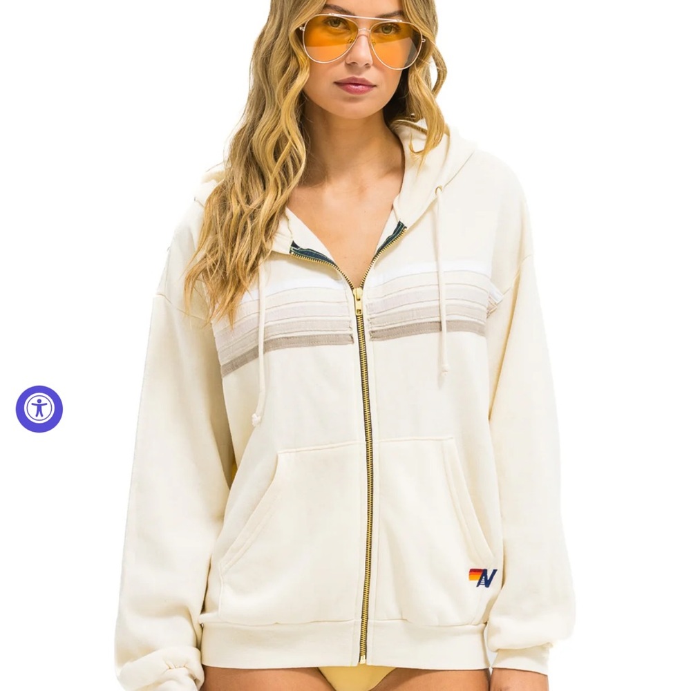 NWT Aviator Nation 5 STRIPE RELAXED ZIP HOODIE - VINTAGE WHITE // WHITE // GREY